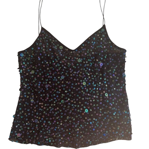 EUC Salabianca sparkly camisole top, S, black w/ sequins, spaghetti straps - Picture 3 of 8